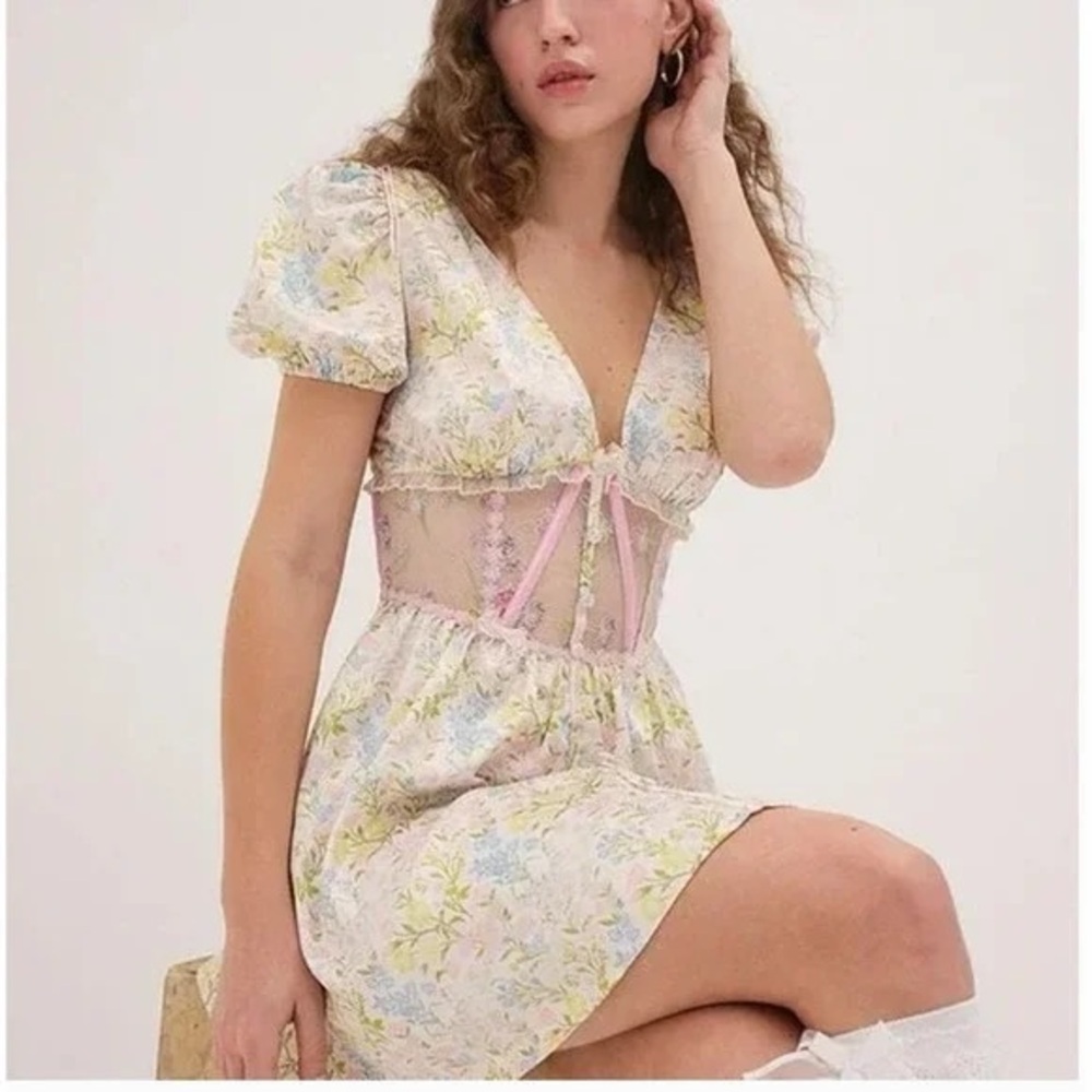 New! For Love & Lemons Glitter Garden Cap Sleeve Floral Dress 31575